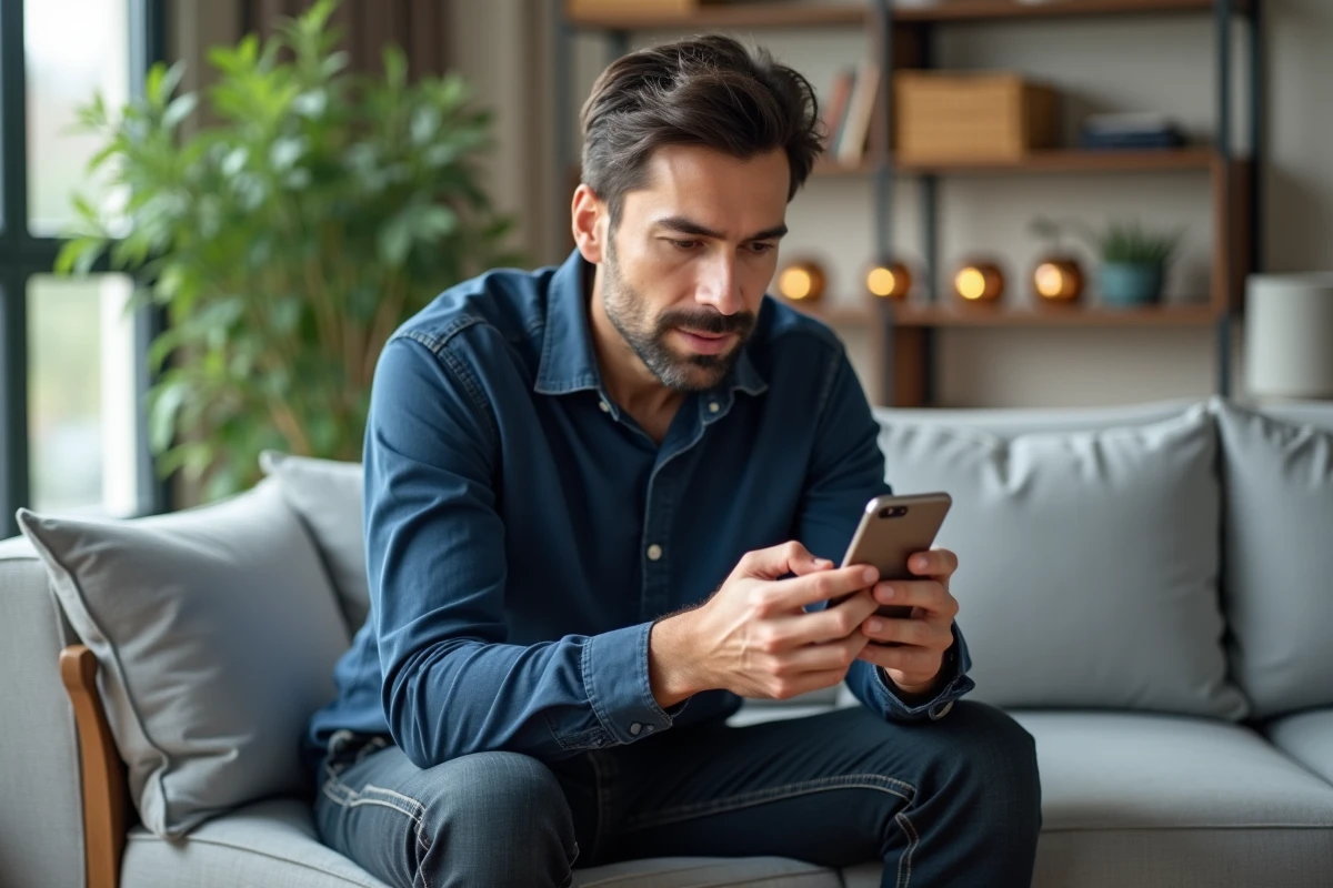 Homme consultant son compte Terciel sur smartphone dans un salon contemporain