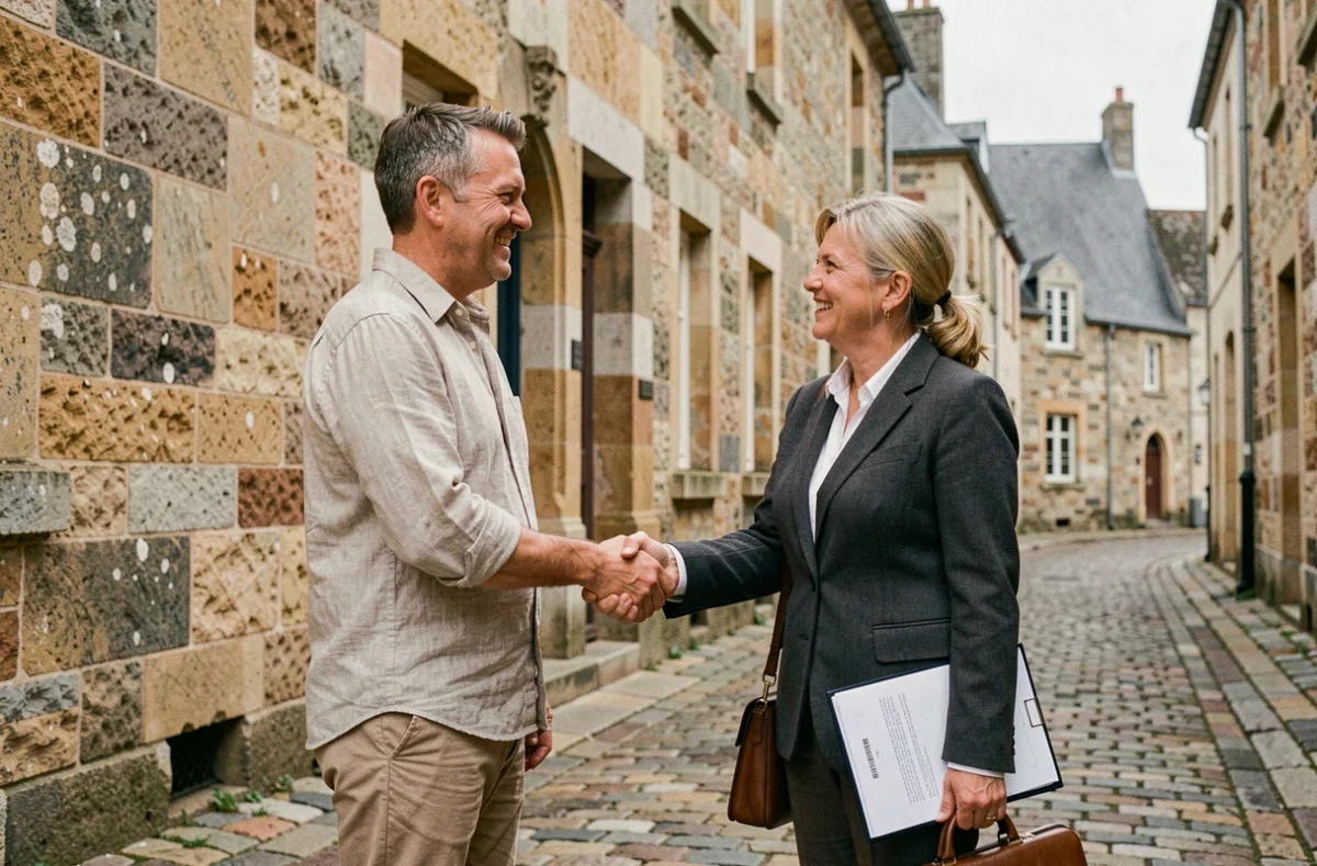 Deux professionnels concluant un accord de mission en portage salarial dans les rues historiques de Saint-Malo intra-muros