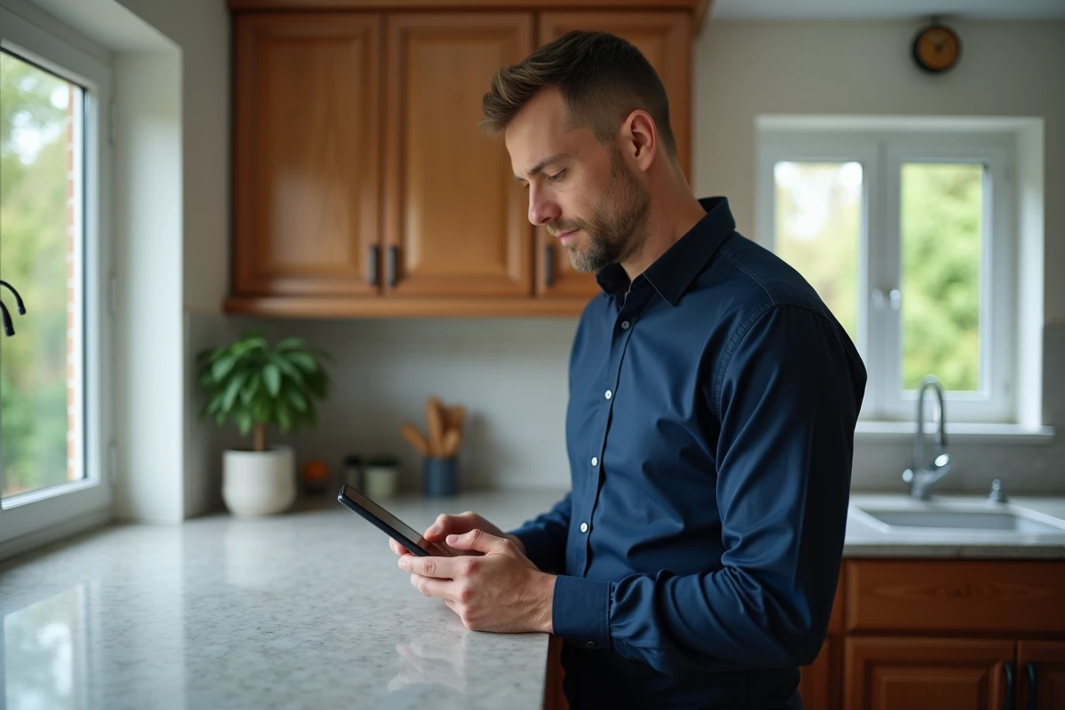 Homme activant son coffre salarié numérique sur smartphone depuis son domicile