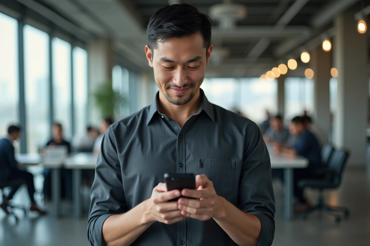 Homme d'affaires activant son compte Advango sur smartphone dans un bureau moderne