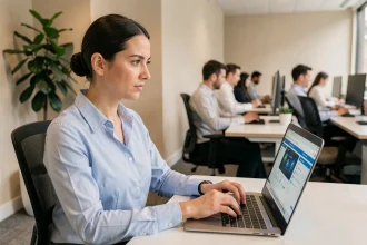 Salariée activant son compte Desk RH sur un ordinateur portable dans un open space professionnel