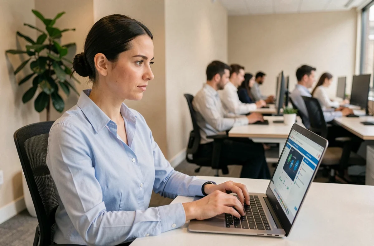 Salariée activant son compte Desk RH sur un ordinateur portable dans un open space professionnel