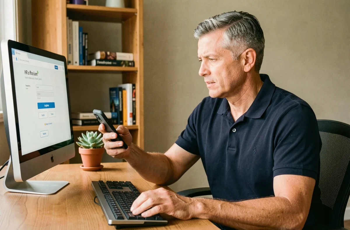Employé en télétravail activant son espace personnel Desk RH depuis son bureau à domicile