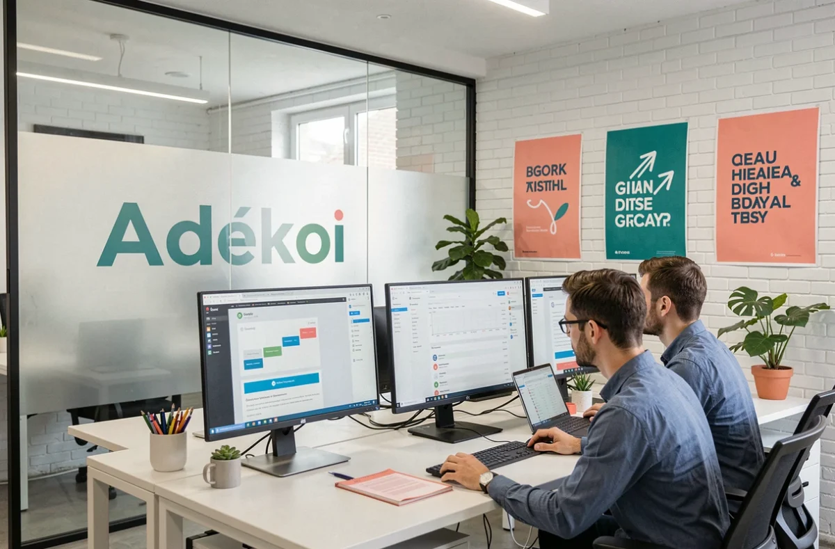 L'équipe de l'agence Adékoi collaborant sur une stratégie de référencement web dans leurs bureaux créatifs