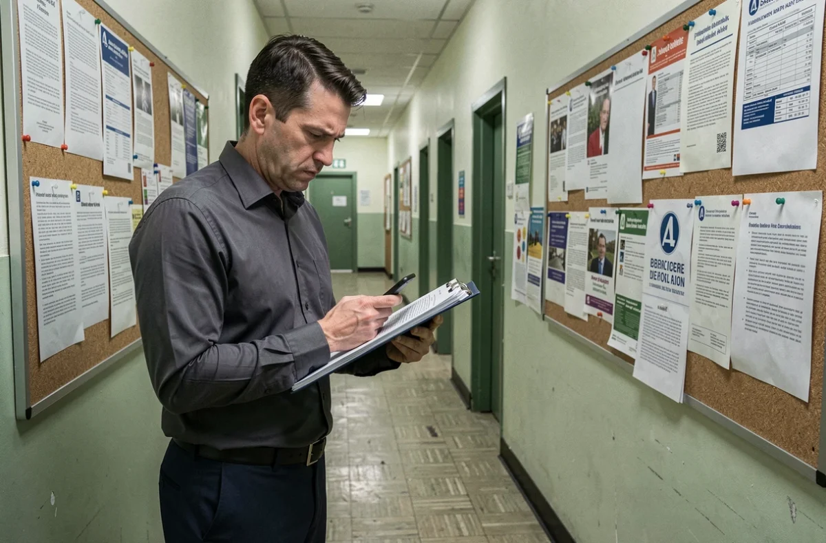 Administrateur scolaire consultant des documents de paie dans un couloir d'école publique française avec une expression perplexe