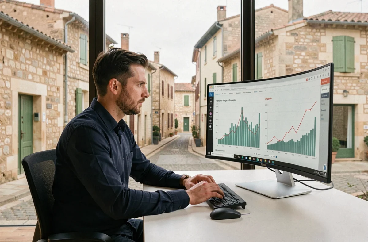 Consultant SEO Adrien Saint-Paul analysant des données de référencement naturel dans son bureau à Périgueux