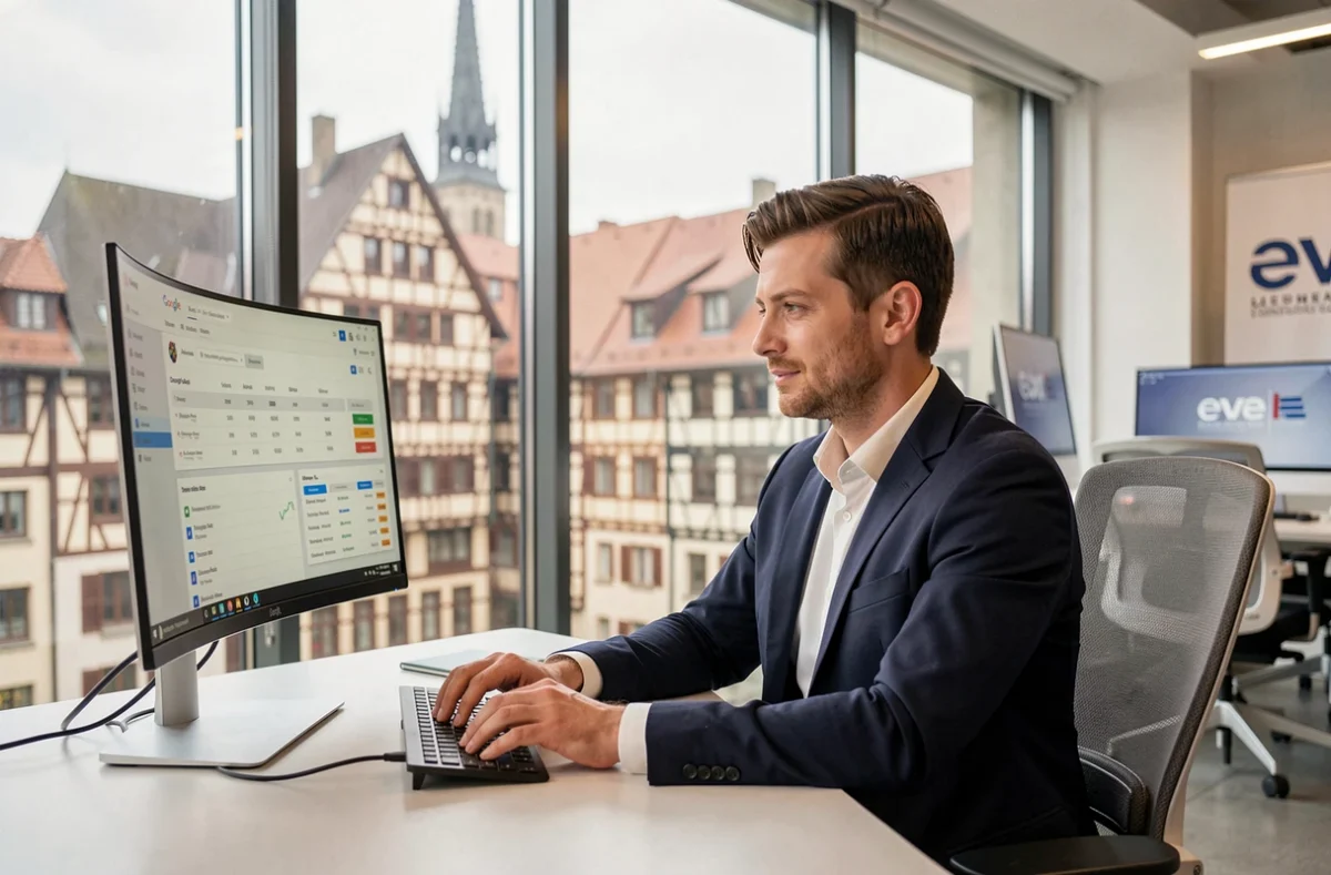 Consultant de l'agence Adsrank à Strasbourg analysant des campagnes Google Ads sur un écran dans un bureau moderne