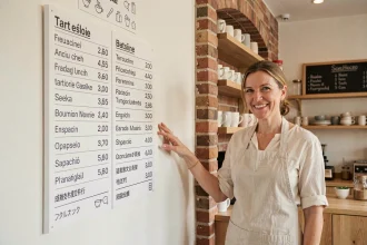 Affiche tarif multilingue dans un café européen avec barista souriante et menu en plusieurs langues sur fond de brique apparente