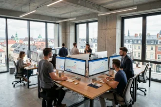 Vue d'ensemble d'une agence Google Ads moderne dans le Grand Est, avec des professionnels travaillant sur des tableaux de bord publicitaires