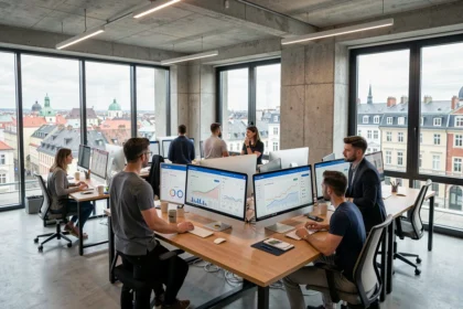 Vue d'ensemble d'une agence Google Ads moderne dans le Grand Est, avec des professionnels travaillant sur des tableaux de bord publicitaires