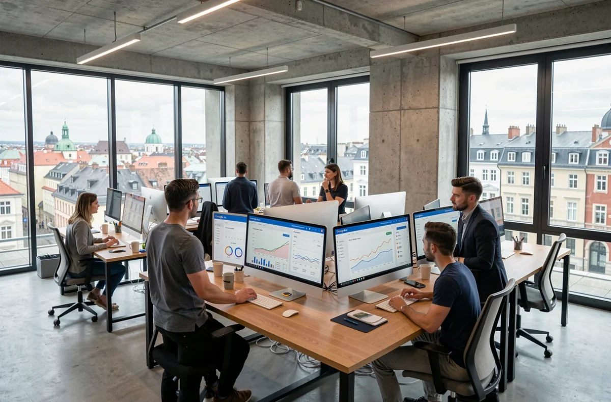 Vue d'ensemble d'une agence Google Ads moderne dans le Grand Est, avec des professionnels travaillant sur des tableaux de bord publicitaires