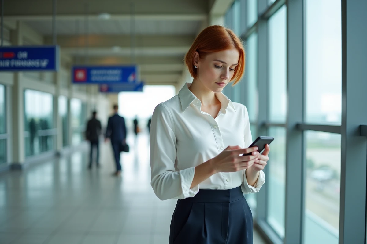 Agente administrative Air France consultant le support en ligne sur smartphone dans un couloir d'aéroport
