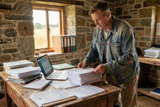 Agriculteur examinant des documents administratifs liés à l'exonération Def Acre dans son bureau de ferme