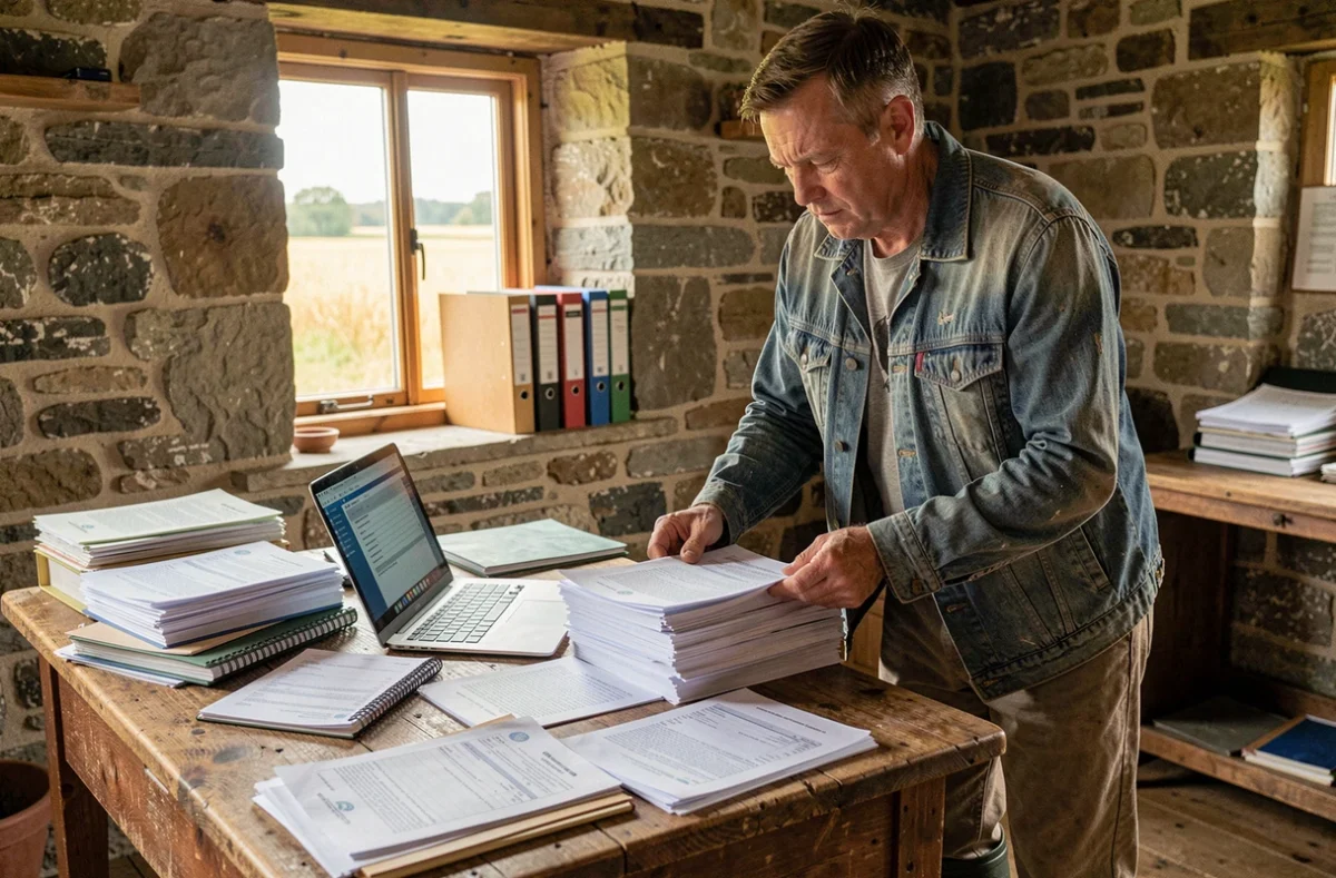 Agriculteur examinant des documents administratifs liés à l'exonération Def Acre dans son bureau de ferme