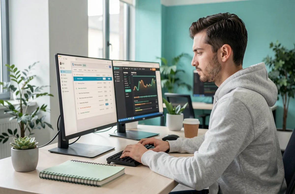 Spécialiste SEO de l'agence Alioki analysant un profil de backlinks sur un double écran dans un bureau minimaliste moderne