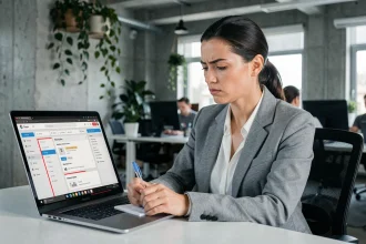 Une professionnelle en blazer gris analyse les erreurs d'un site vitrine SaaS sur son ordinateur portable dans un bureau moderne