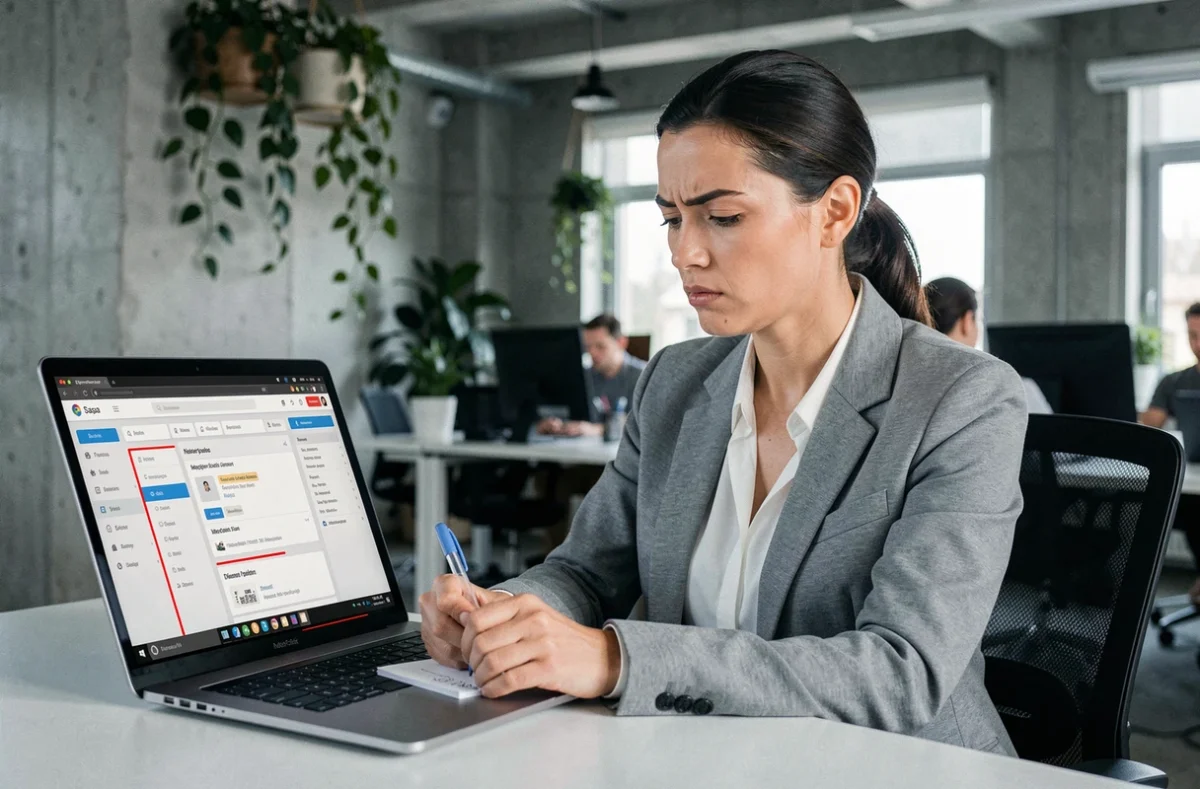Une professionnelle en blazer gris analyse les erreurs d'un site vitrine SaaS sur son ordinateur portable dans un bureau moderne