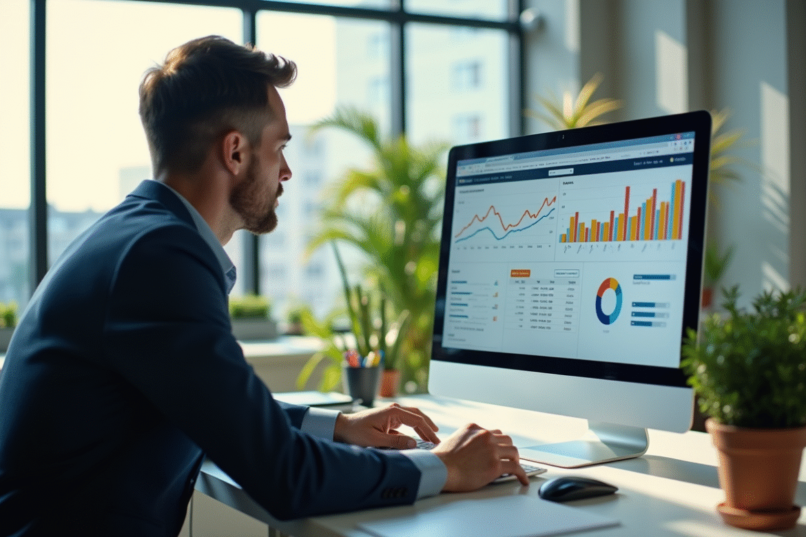 Professionnel d'affaires analysant des graphiques CPC dans un bureau lumineux