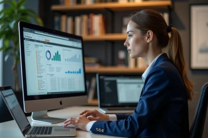 Femme analyste web business consultant étudiant des données analytics sur un écran d'ordinateur dans un bureau moderne