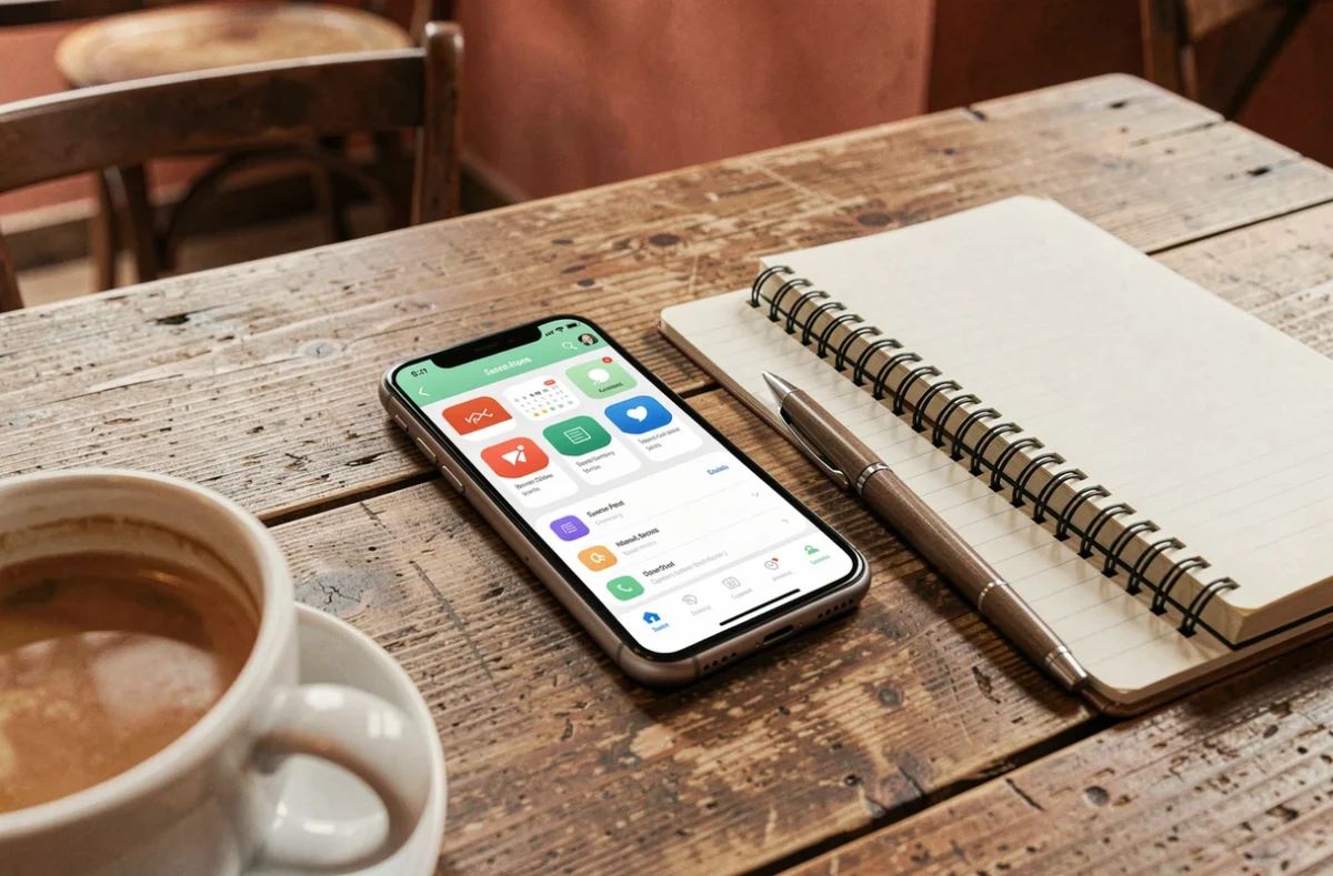 Smartphone affichant une application de secrétariat virtuel sur une table de café pour indépendants organisés
