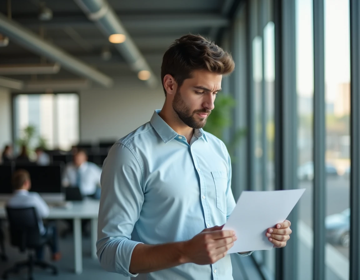 Jeune apprenti lisant une lettre de démission de contrat d'apprentissage dans un bureau moderne