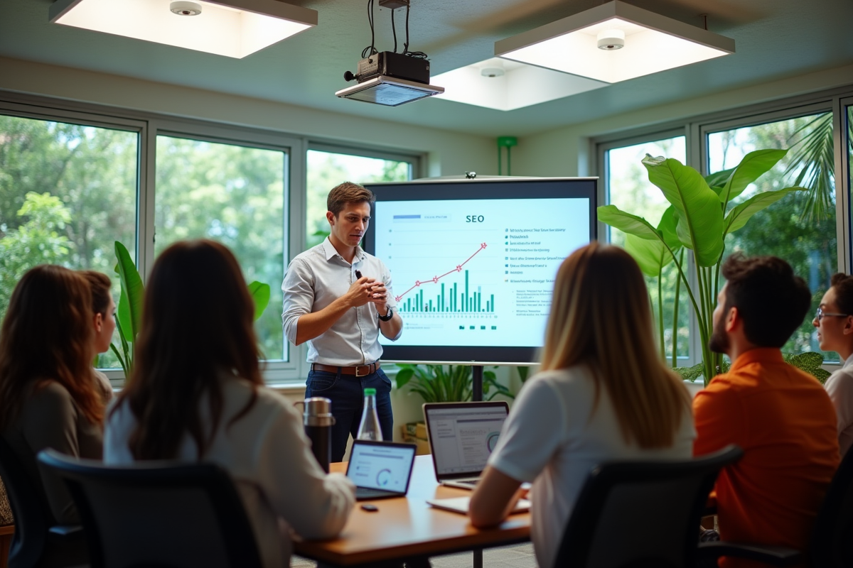 Atelier marketing digital avec participants et graphique SEO