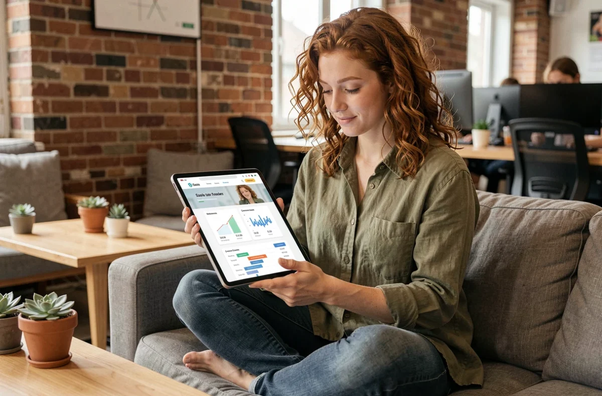 Une jeune professionnelle examine les performances et les erreurs d'un site vitrine SaaS sur une tablette dans un espace de coworking