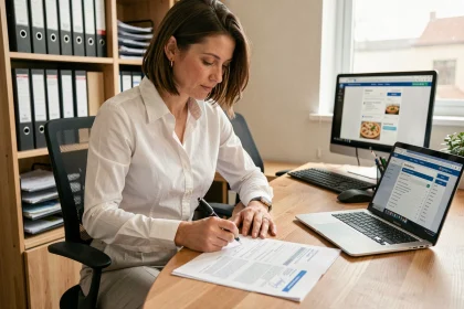 Une femme d'affaires signe des documents administratifs pour une autorisation de livraison de pizzas à domicile