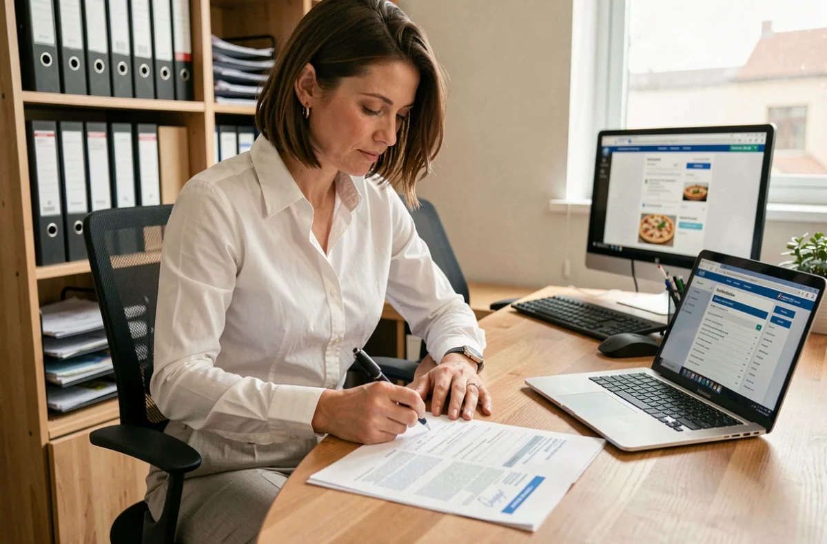 Une femme d'affaires signe des documents administratifs pour une autorisation de livraison de pizzas à domicile