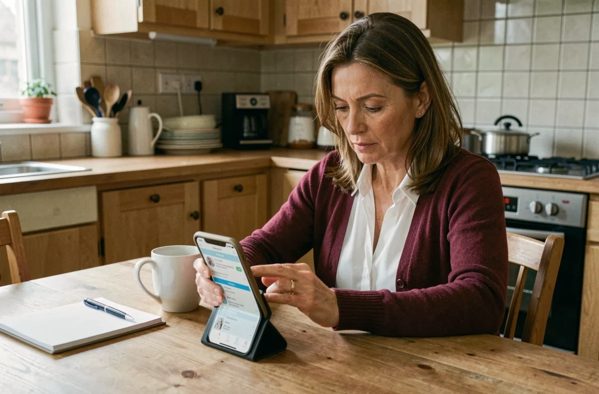 Auxiliaire de vie remplaçante vérifiant son planning de missions Azaé sur smartphone depuis sa cuisine