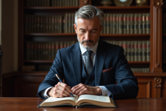 Avocat en costume lisant un code juridique dans une bibliothèque