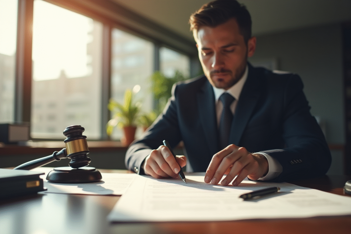 Avocat professionnel dans un bureau moderne avec documents juridiques