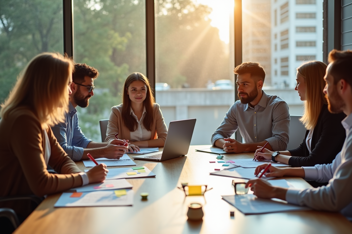 Groupe en brainstorming échangeant des idées marketing avec notes et tablettes