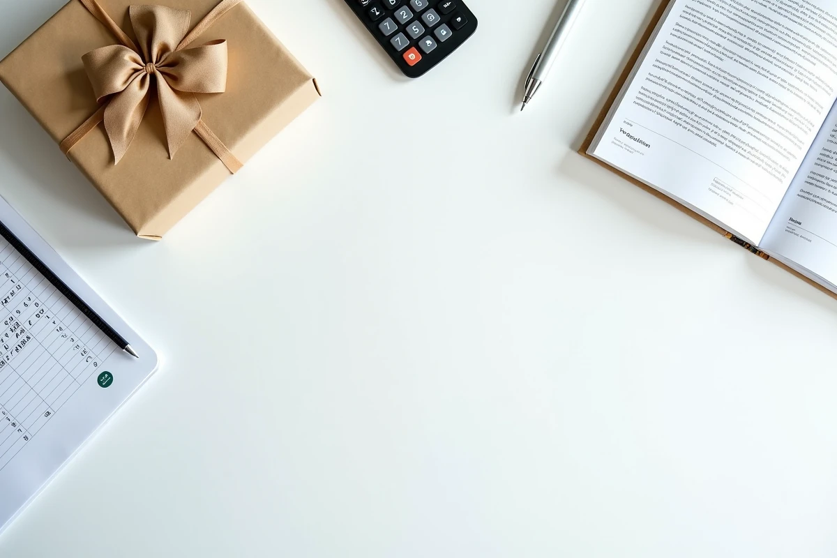 Vue de dessus d'un bureau comptable avec cadeau emballé, livre de comptes et documents fiscaux