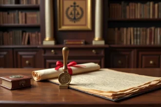 Bureau de notaire traditionnel avec tampon sceau notarial, parchemins anciens et encadrement du logo des notaires de France