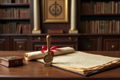 Bureau de notaire traditionnel avec tampon sceau notarial, parchemins anciens et encadrement du logo des notaires de France