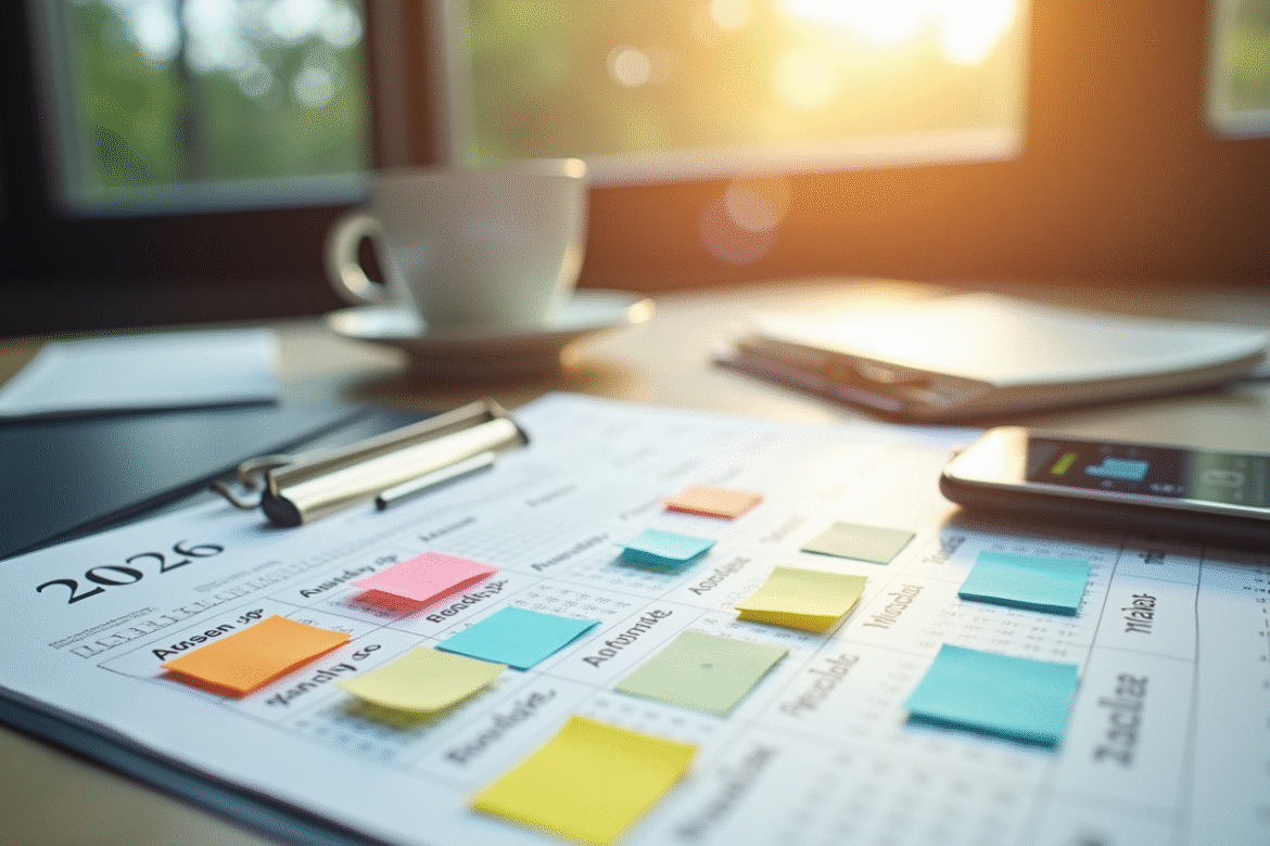 Bureau moderne avec calendrier 2026 et notes vacances