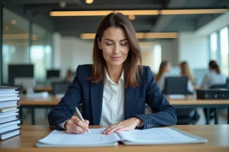 Responsable des ressources humaines calculant les congés trimestriels selon la convention 66 dans un bureau moderne