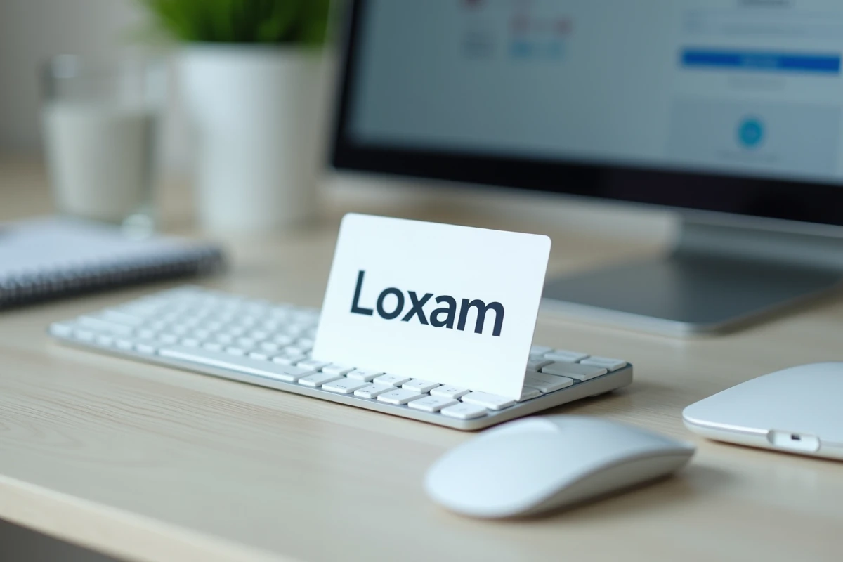 Carte de fidélité Loxam posée sur un clavier d'ordinateur avec une page de réservation en ligne visible en arrière-plan