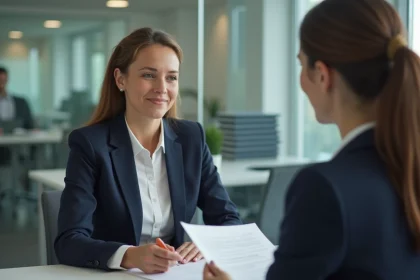 Employée en CDD remettant sa lettre de démission à un responsable RH dans un bureau professionnel
