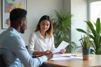 Conseillère professionnelle du CDR Mayotte Business aidant un entrepreneur local dans un centre de ressources moderne