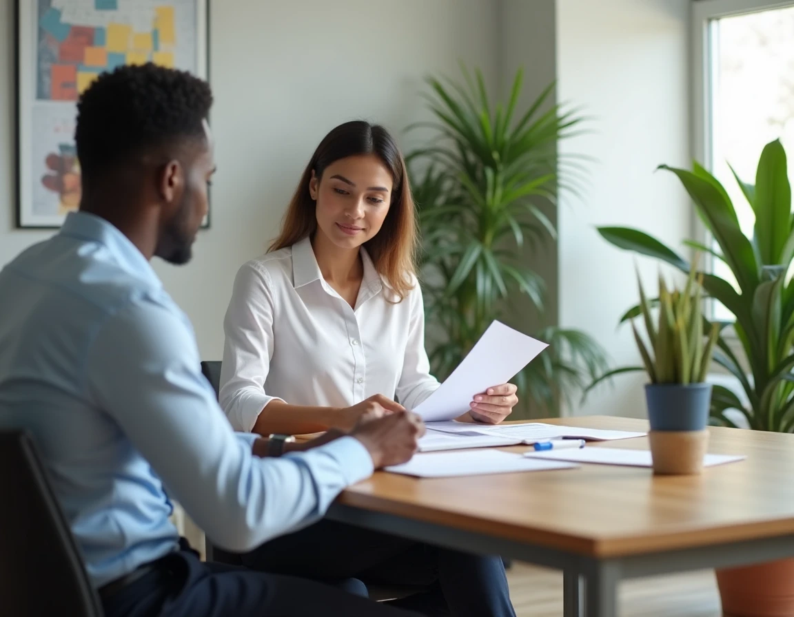 Conseillère professionnelle du CDR Mayotte Business aidant un entrepreneur local dans un centre de ressources moderne
