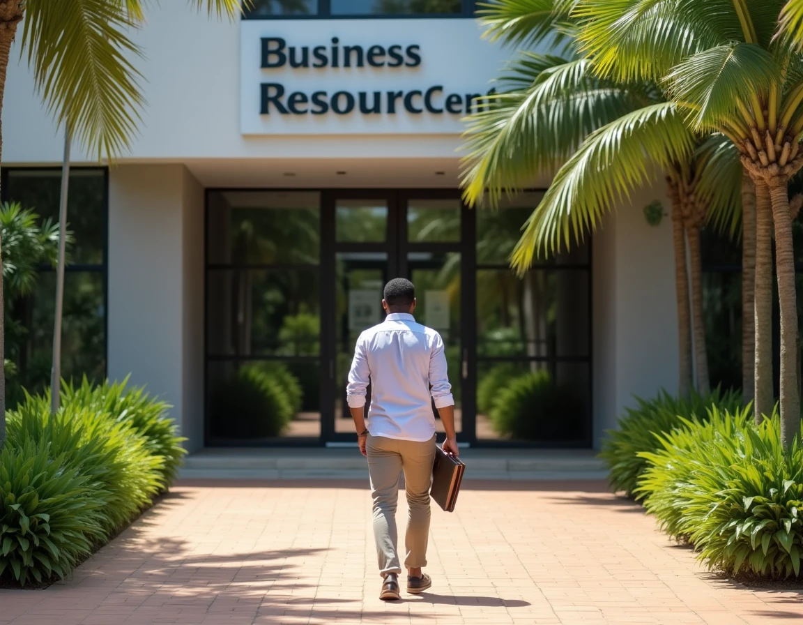 Entrepreneur entrant dans les locaux du CDR Mayotte Business, centre de ressources pour les entreprises à Mayotte