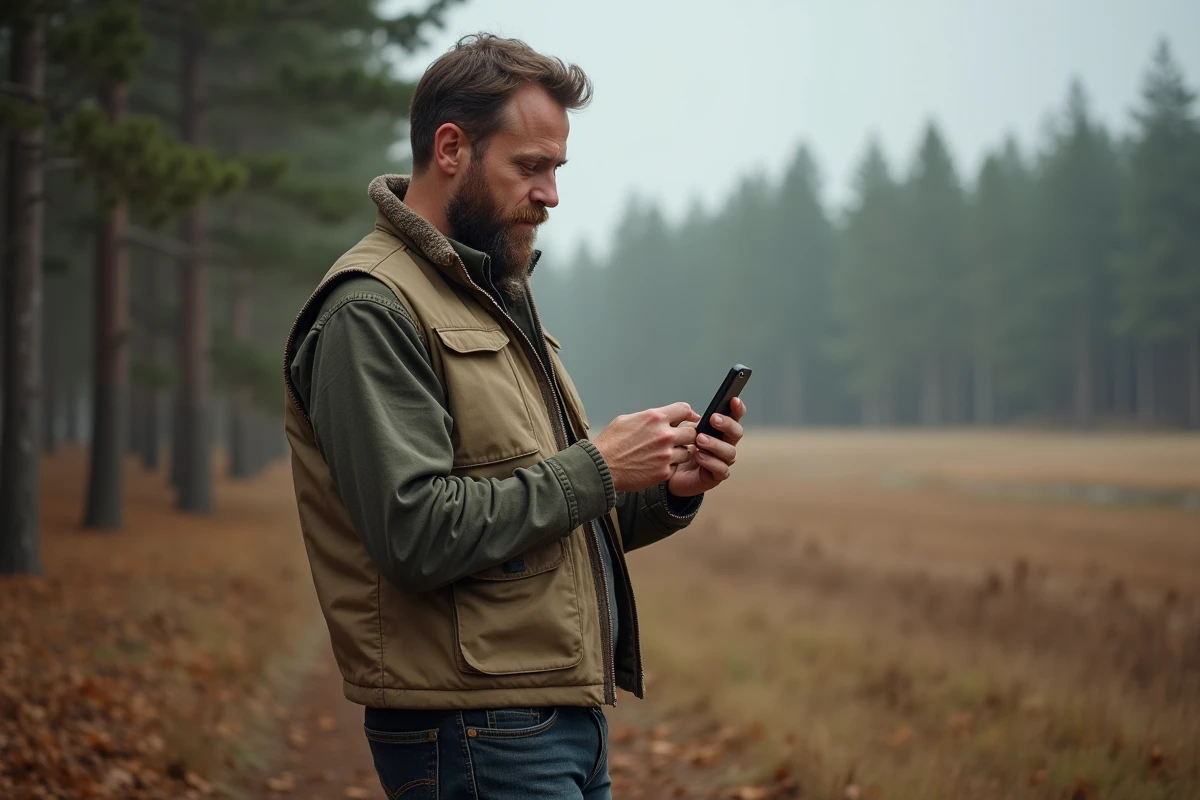 Un chasseur consulte un site de chasse spécialisé sur son smartphone en pleine nature pour planifier sa saison