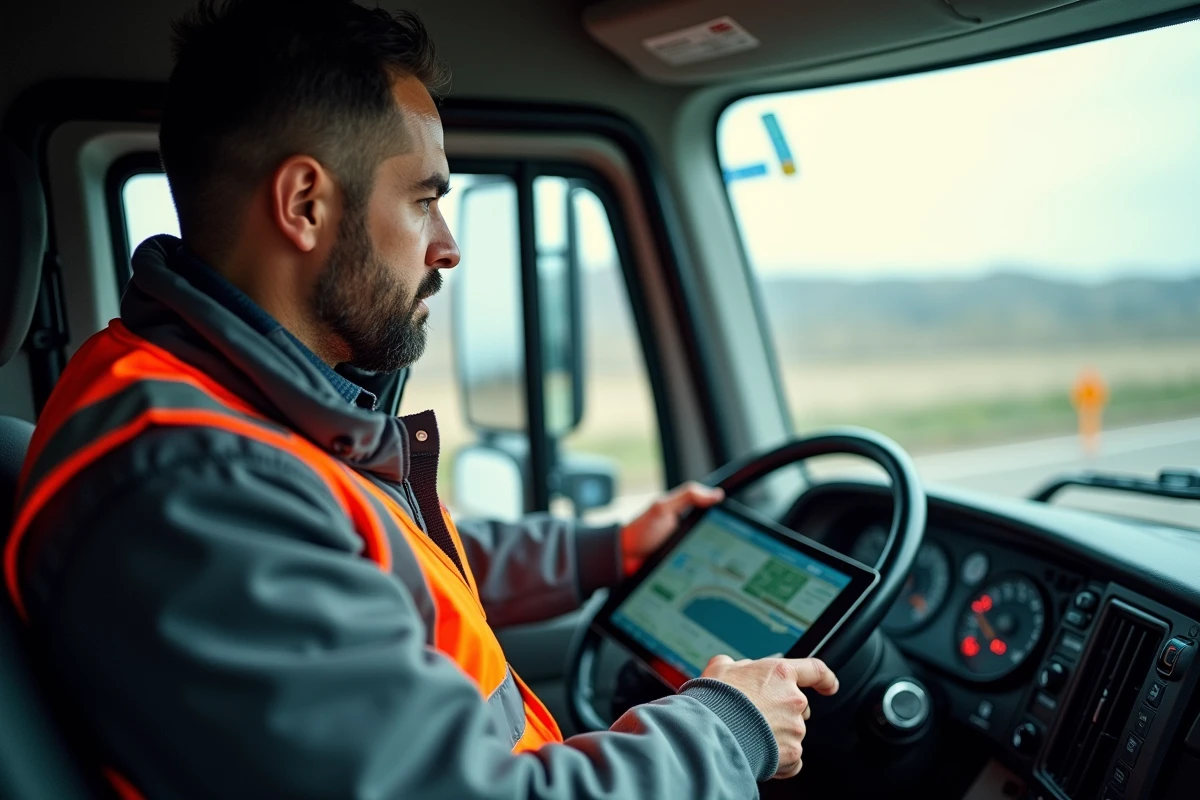 Chauffeur de camion professionnel utilisant un dispositif de télématique embarqué dans la cabine pour le suivi GPS de sa flotte en temps réel