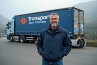 Conducteur de camion devant un camion de transport Jean Rouillon