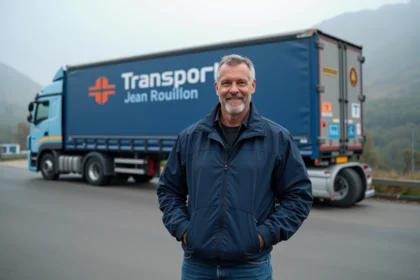 Conducteur de camion devant un camion de transport Jean Rouillon