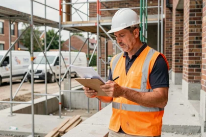 Chef de chantier en gilet de sécurité orange consultant des documents contractuels sur un chantier de rénovation urbaine