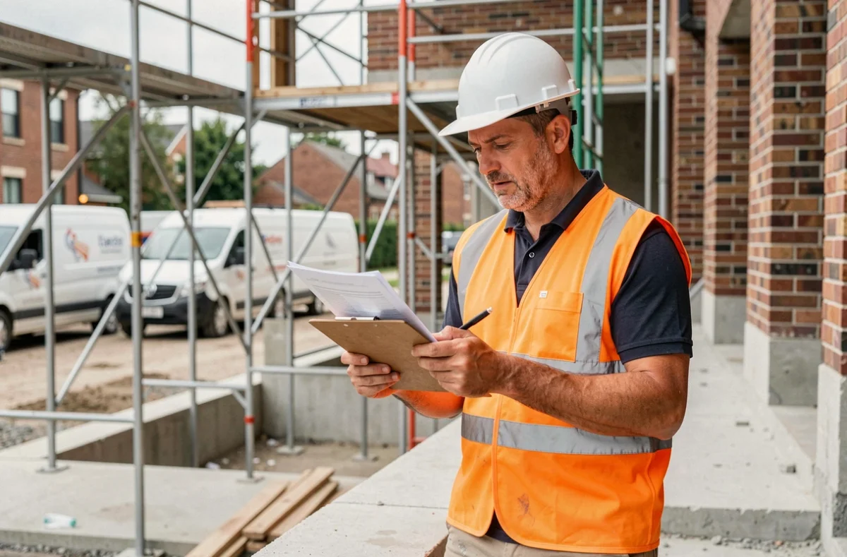 Chef de chantier en gilet de sécurité orange consultant des documents contractuels sur un chantier de rénovation urbaine