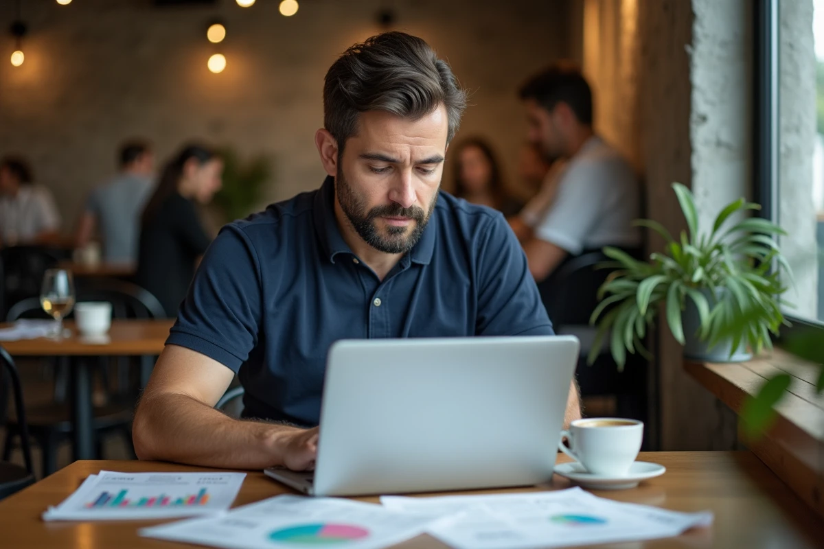 Chef d'entreprise comparant des offres tarifaires d'agence web sur un ordinateur portable dans un café